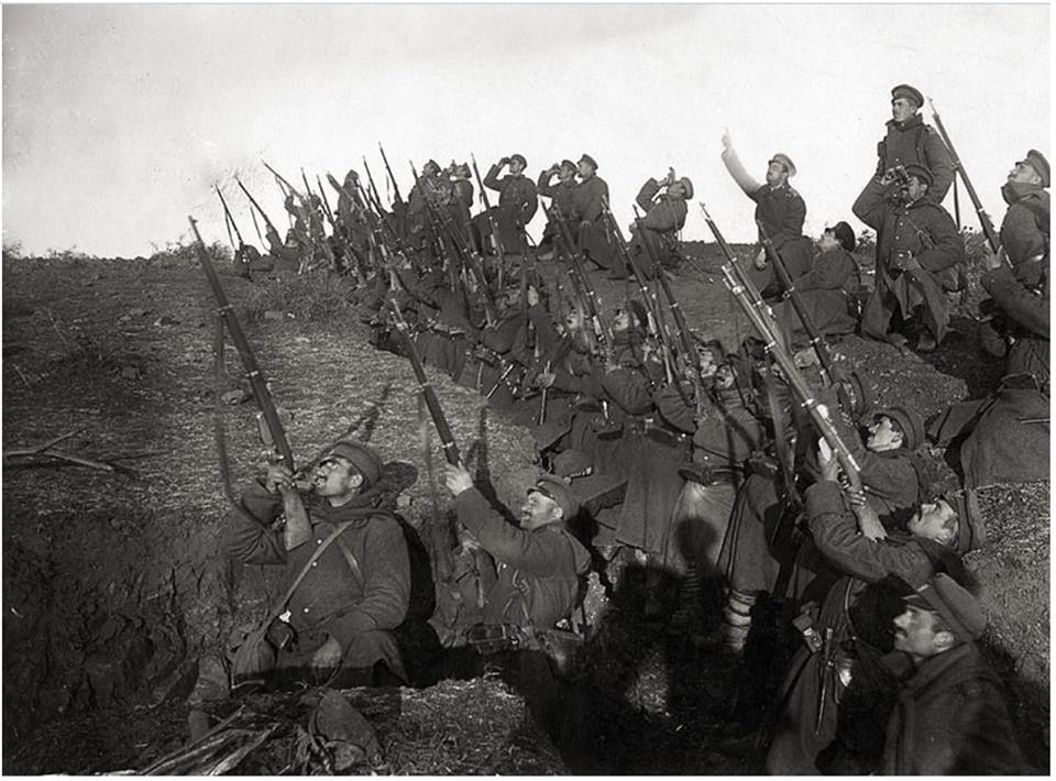 Bulgarian soldiers in position to fire against an incoming aeroplane